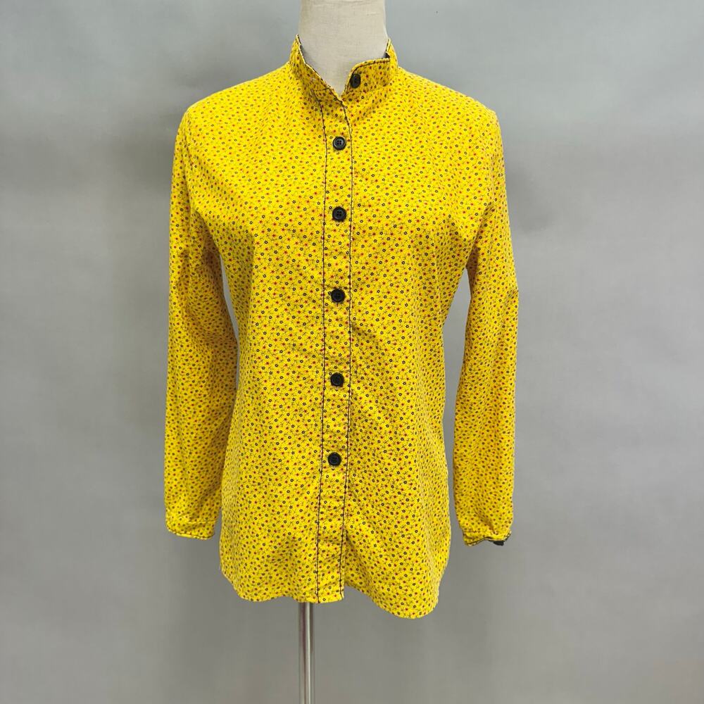 Vintage 70s yellow twill floral‎ print button up long sleeve top Size Small